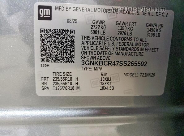 3GNKBCR47SS265592 2025 CHEVROLET BLAZER Gray Vista interior de 360 grados