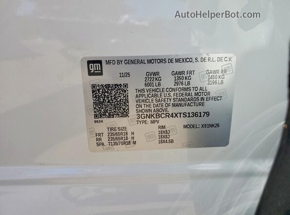 3GNKBCR4XTS136179 2026 CHEVROLET BLAZER White Вид наклейки з VIN-кодом