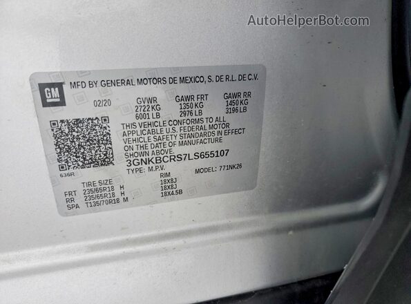3GNKBCRS7LS655107 2020 CHEVROLET BLAZER Серебряный Вид наклейки с VIN-кодом