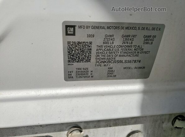 3GNKBCRS9LS557874 2020 CHEVROLET BLAZER Белый Вид наклейки с VIN-кодом