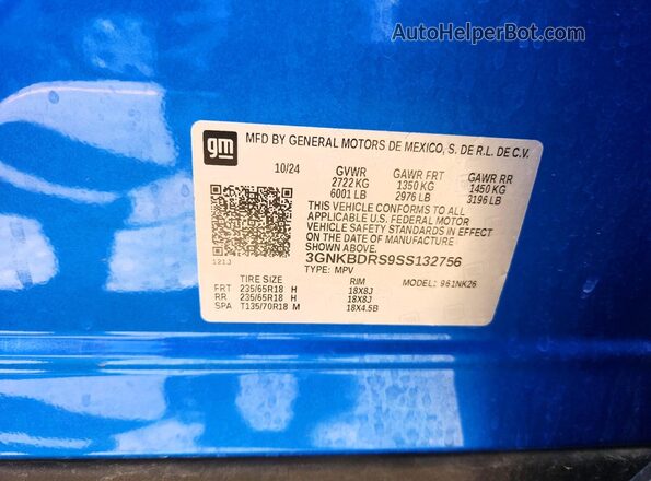3GNKBDRS9SS132756 2025 CHEVROLET BLAZER Blue Вид наклейки з VIN-кодом