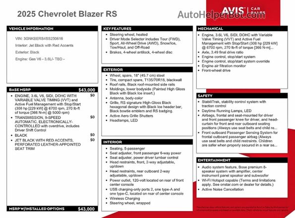 3GNKBERS4SS230616 2025 CHEVROLET BLAZER Черный Вид наклейки с VIN-кодом