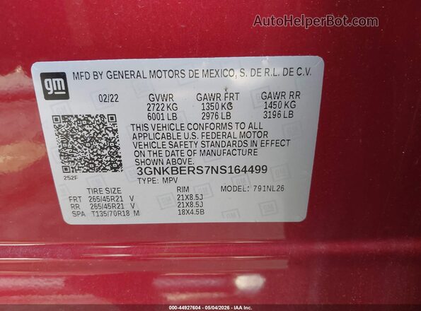 3GNKBERS7NS164499 2022 CHEVROLET BLAZER Red Widok komory silnika