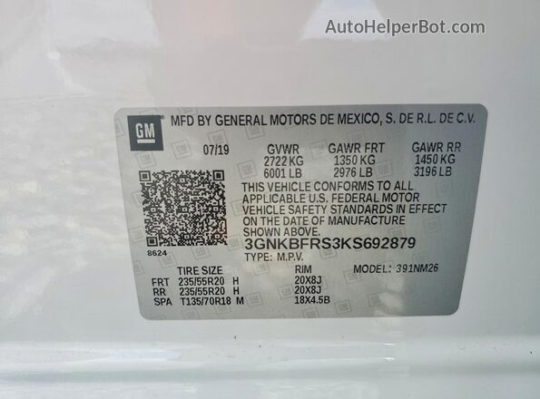 3GNKBFRS3KS692879 2019 CHEVROLET BLAZER Белый Панорамный вид салона 360°