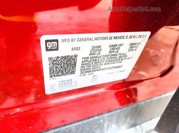 3GNKBHR40PS234463 2023 CHEVROLET BLAZER Красный Вид наклейки с VIN-кодом