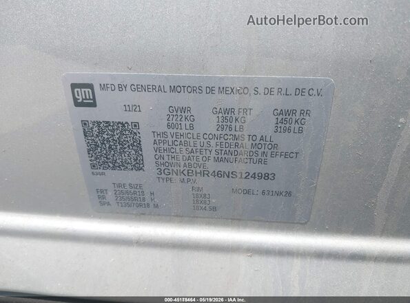 3GNKBHR46NS124983 2022 CHEVROLET BLAZER Silver Widok komory silnika