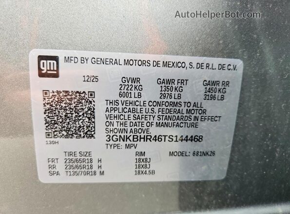 3GNKBHR46TS144468 2026 CHEVROLET BLAZER Серый Вид наклейки с VIN-кодом