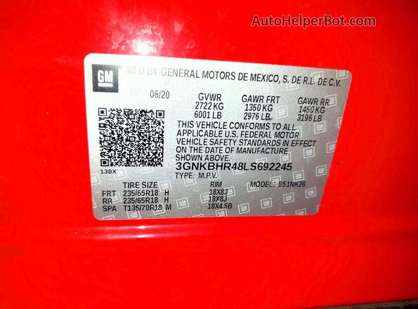 3GNKBHR48LS692245 2020 CHEVROLET BLAZER Red Widok naklejki z numerem VIN