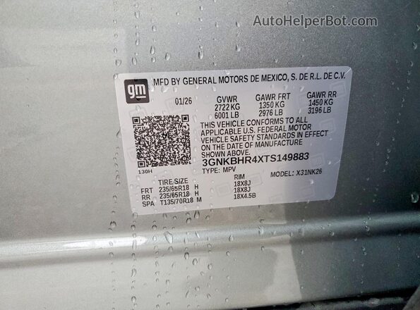 3GNKBHR4XTS149883 2026 CHEVROLET BLAZER Серый Вид наклейки с VIN-кодом