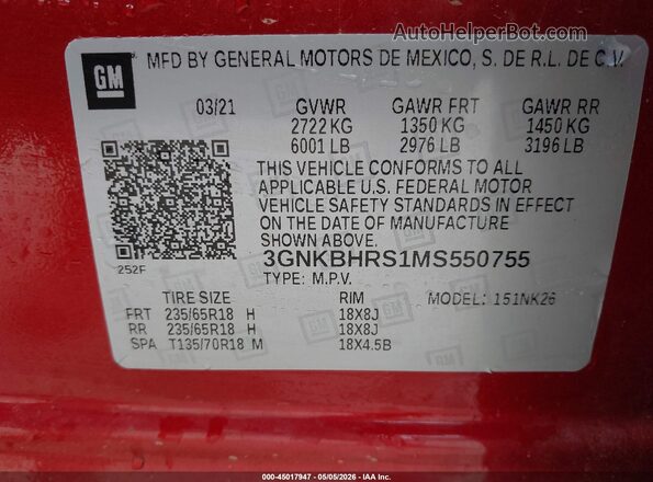 3GNKBHRS1MS550755 2021 CHEVROLET BLAZER Red Вид підкапотного простору