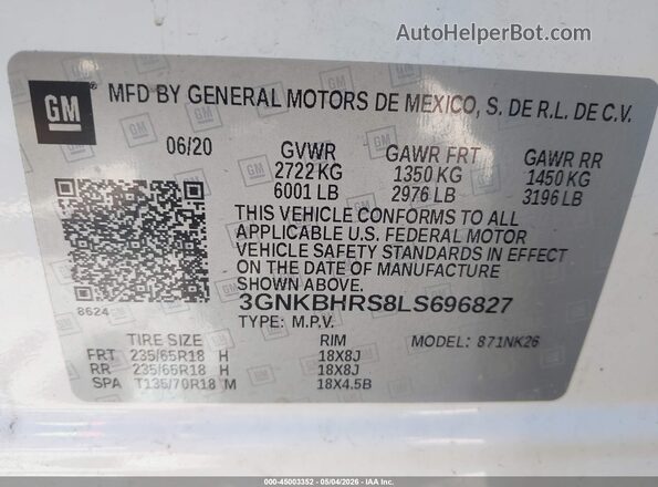3GNKBHRS8LS696827 2020 CHEVROLET BLAZER Белый Вид подкапотного пространства