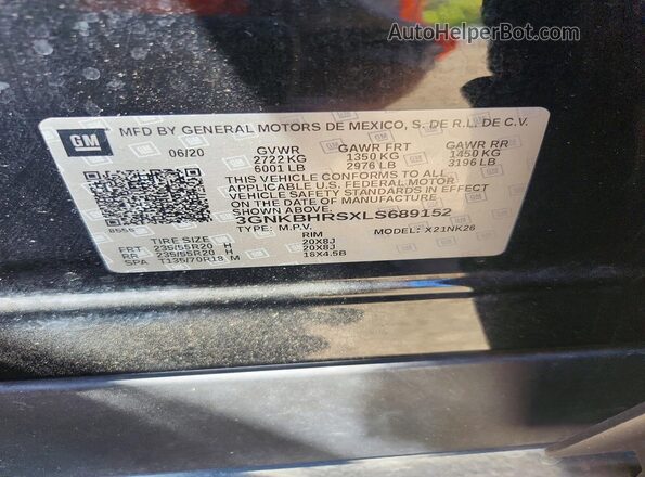 3GNKBHRSXLS689152 2020 CHEVROLET BLAZER Black Вид наклейки з VIN-кодом