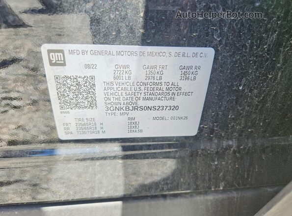 3GNKBJRS0NS237320 2022 CHEVROLET BLAZER Черный Вид наклейки с VIN-кодом