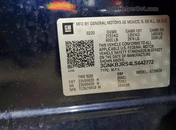 3GNKBJRS4LS642772 2020 CHEVROLET BLAZER Black Widok naklejki z numerem VIN