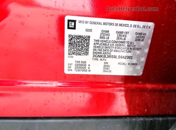 3GNKBJRS9LS642301 2020 CHEVROLET BLAZER Burgundy Widok naklejki z numerem VIN