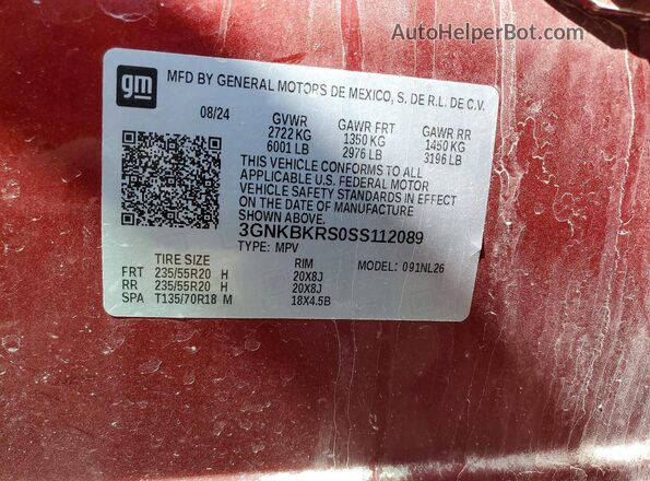 3GNKBKRS0SS112089 2025 CHEVROLET BLAZER Red Widok naklejki z numerem VIN