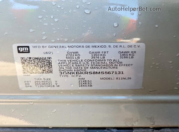 3GNKBKRS8MS567131 2021 CHEVROLET BLAZER Серый Вид наклейки с VIN-кодом