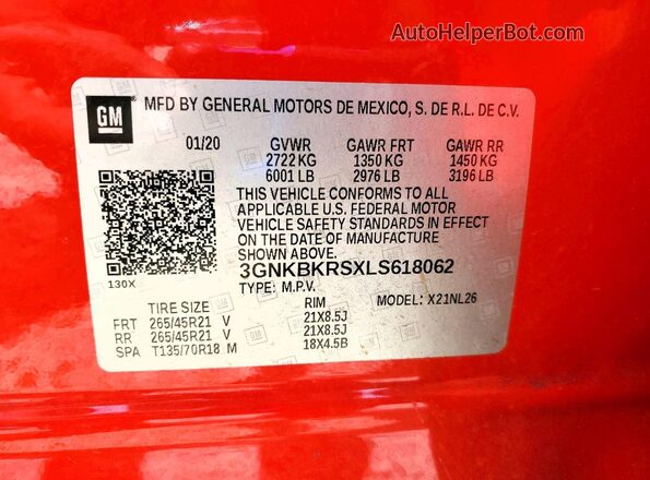 3GNKBKRSXLS618062 2020 CHEVROLET BLAZER Red Widok naklejki z numerem VIN