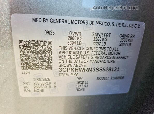 3GPKHWRM3SS528121 2025 HONDA PROLOGUE Gray Vista de la etiqueta del VIN