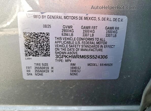 3GPKHWRM6SS524306 2025 HONDA PROLOGUE Silver Vista de la etiqueta del VIN
