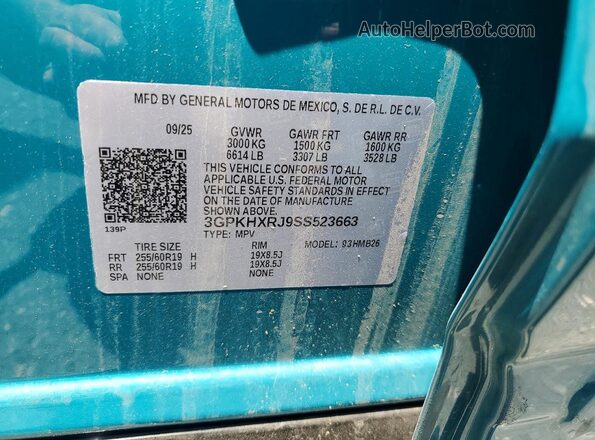3GPKHXRJ9SS523663 2025 HONDA PROLOGUE Turquoise Widok naklejki z numerem VIN