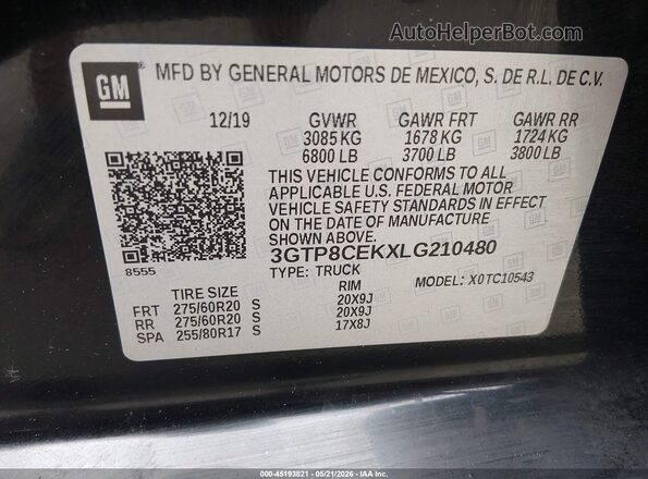 3GTP8CEKXLG210480 2020 GMC SIERRA Черный Вид подкапотного пространства