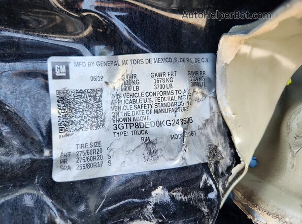 3GTP8DED0KG243526 2019 GMC SIERRA Черный Вид наклейки с VIN-кодом
