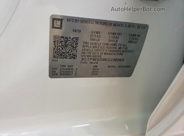 3GTP9EED0KG196064 2019 GMC SIERRA White Widok naklejki z numerem VIN