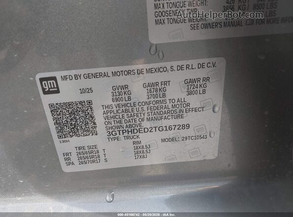 3GTPHDED2TG167289 2026 GMC SIERRA Gray ძრავის განყოფილების ხედი