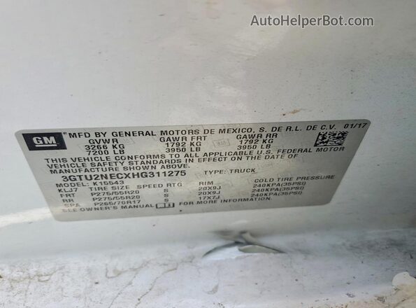 3GTU2NECXHG311275 2017 GMC SIERRA White Вид підкапотного простору