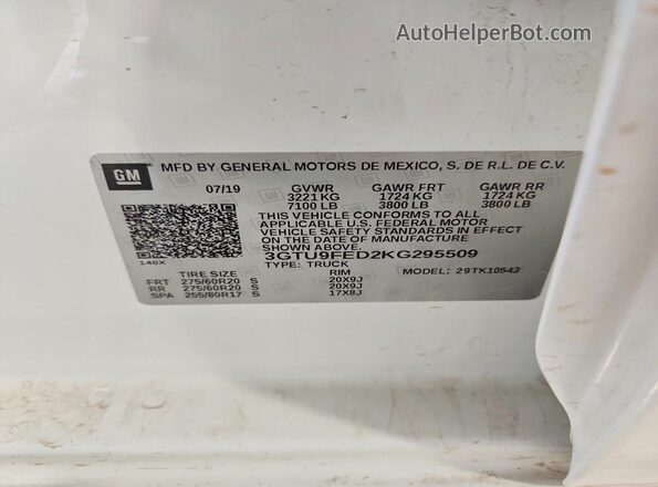 3GTU9FED2KG295509 2019 GMC SIERRA White Widok komory silnika