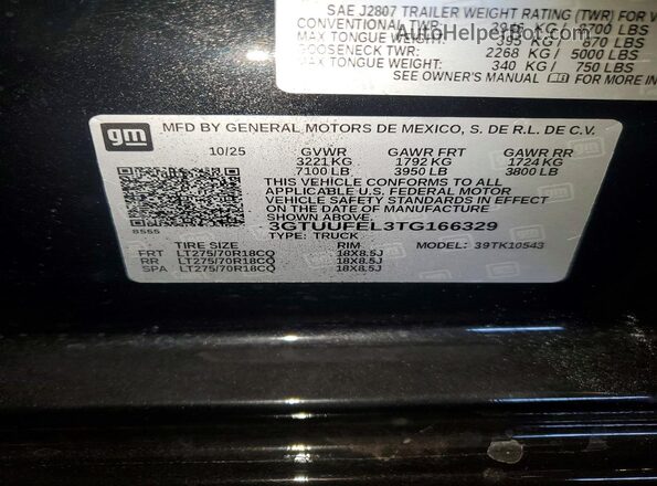 3GTUUFEL3TG166329 2026 GMC SIERRA Black VIN კოდის სტიკერის ხედი