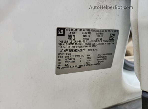 3GYFNBE31GS500627 2016 CADILLAC SRX White VIN კოდის სტიკერის ხედი