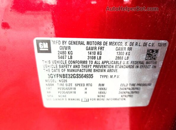 3GYFNBE32GS564935 2016 CADILLAC SRX Red VIN კოდის სტიკერის ხედი