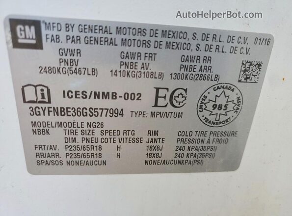 3GYFNBE36GS577994 2016 CADILLAC SRX White Widok naklejki z numerem VIN