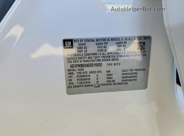 3GYFNBE39GS516820 2016 CADILLAC SRX White Вид наклейки з VIN-кодом
