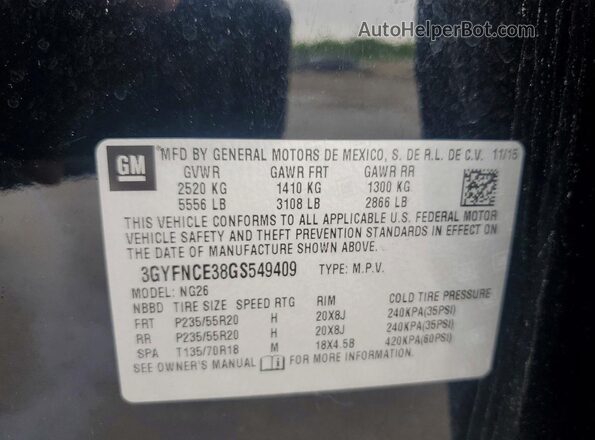 3GYFNCE38GS549409 2016 CADILLAC SRX Black Vista de la etiqueta del VIN