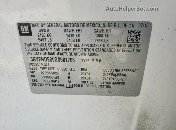 3GYFNDE39GS507708 2016 CADILLAC SRX White Widok naklejki z numerem VIN