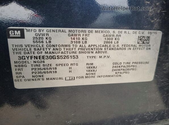 3GYFNEE30GS526153 2016 CADILLAC SRX Blue Vista de la etiqueta del VIN