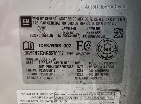 3GYFNEE31GS576057 2016 CADILLAC SRX Silver Widok naklejki z numerem VIN