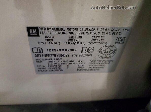3GYFNFE37GS504527 2016 CADILLAC SRX Gold VIN sticker view