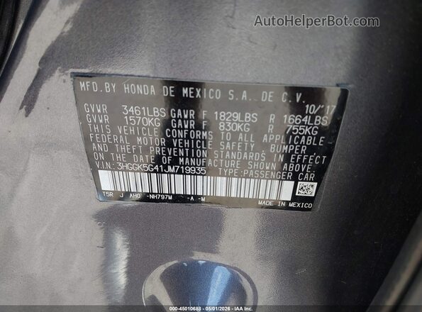 3HGGK5G41JM719935 2018 HONDA FIT Gray Vista del compartimento del motor