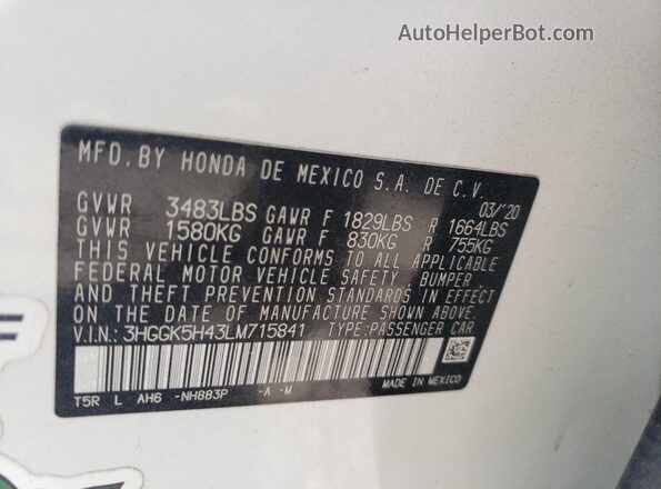 3HGGK5H43LM715841 2020 HONDA FIT Белый Панорамный вид салона 360°