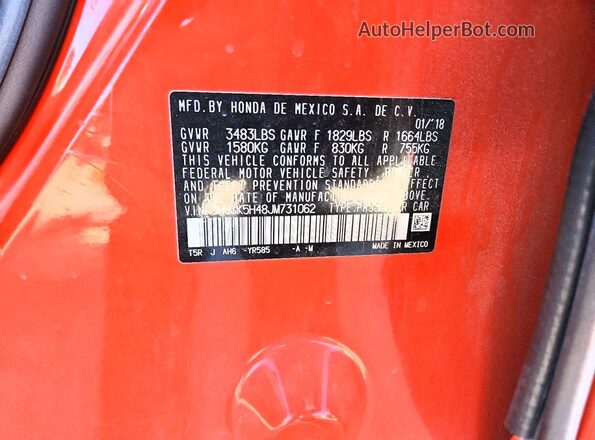 3HGGK5H48JM731062 2018 HONDA FIT Оранжевый Вид наклейки с VIN-кодом