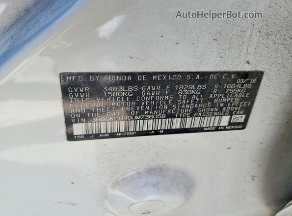 3HGGK5H49JM736058 2018 HONDA FIT White Widok naklejki z numerem VIN