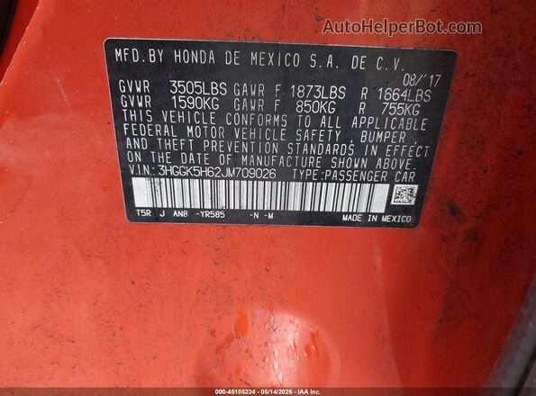 3HGGK5H62JM709026 2018 HONDA FIT Оранжевый Вид подкапотного пространства