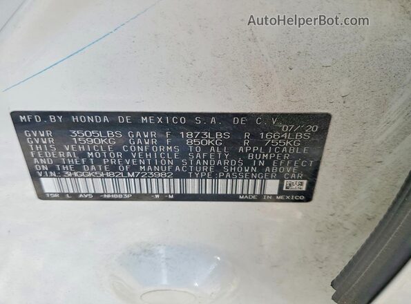 3HGGK5H82LM723982 2020 HONDA FIT Белый Вид наклейки с VIN-кодом