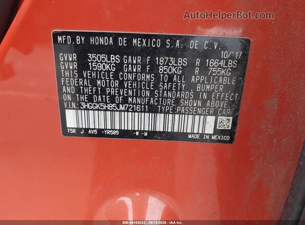 3HGGK5H85JM721611 2018 HONDA FIT Orange Vista del compartimento del motor