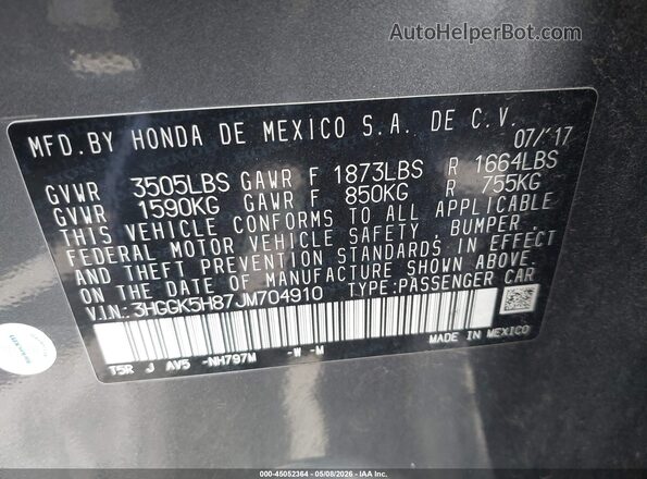 3HGGK5H87JM704910 2018 HONDA FIT Серый Вид подкапотного пространства