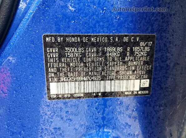 3HGGK5H99HM704975 2017 HONDA FIT Синий Вид подкапотного пространства